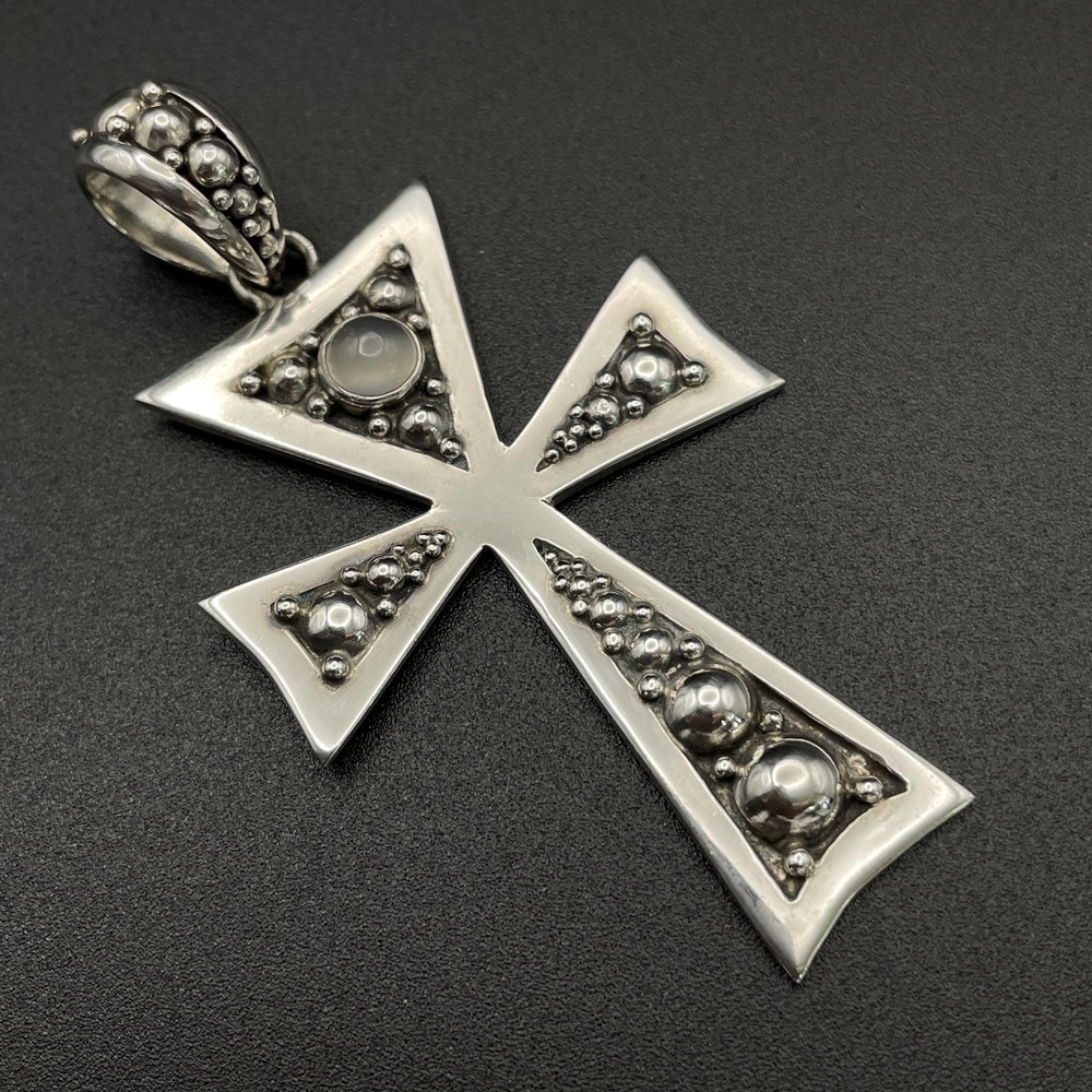 Sterling Silver Byzantine Large Cross Pendant Bali BA Suarti Moonstone Unisex